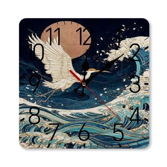 RKSupls 10×10inch Square Silent Wall Clock Wooden Frame, Crane Waves Moon Scale Decorative Clock for Home Bedroom Living Room Office