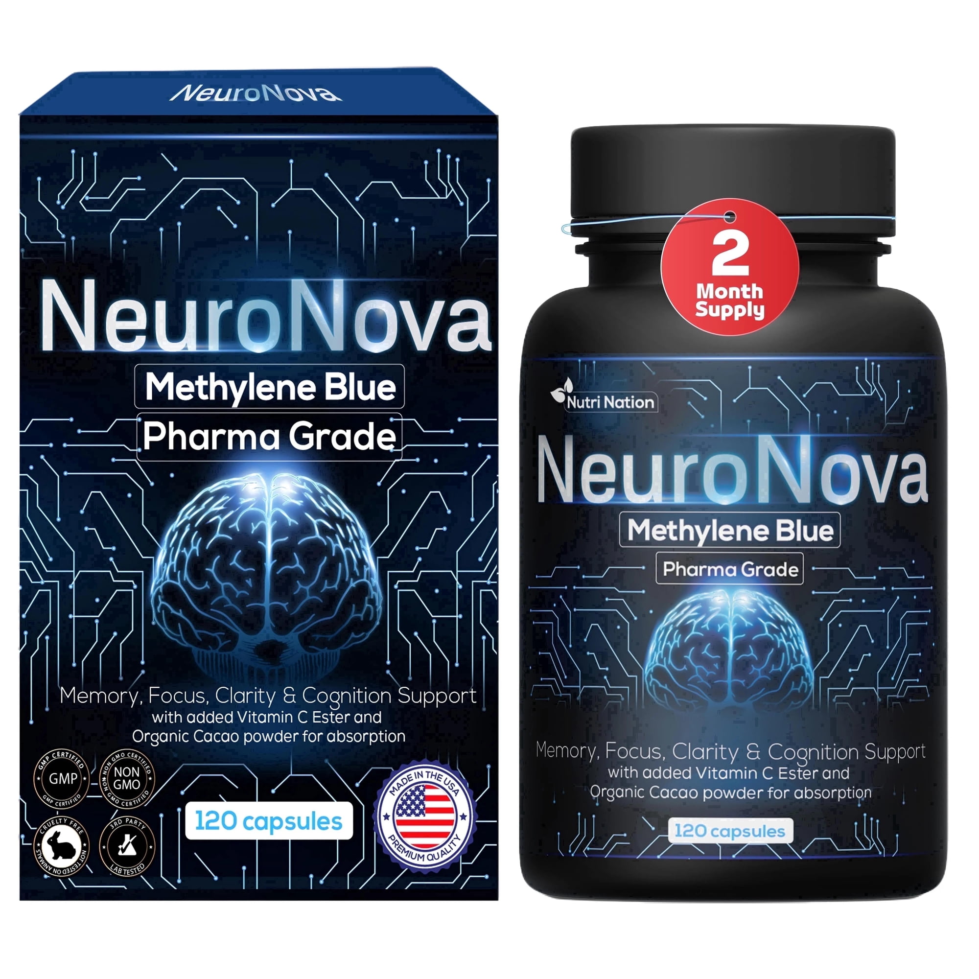 Nutri Nation Methylene Blue Capsules, Pharmaceutical Grade USP, 120 Count, 12mg For Cognitive Support
