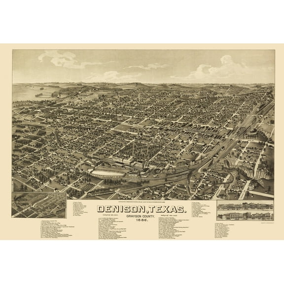 Historic Panoramic View - Denison Texas - Wellge 1886 - Vintage Wall Art