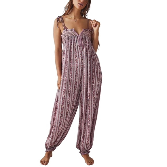 Wangscanis Women Summer Cami Jumpsuits Retro Floral Print Tie-Up Spaghetti Strap Sleeveless Long Rompers Fashion Loose Playsuits