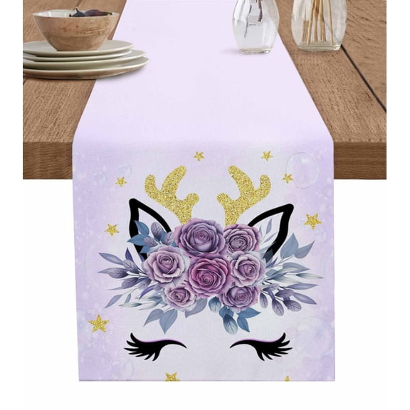Purple Rose Antlers Table Runner 72 Inches, Abstract Art Fancy Flowers Stars Bed Runner Dresser Scarves Tabletop for Indoor Outdoor Parties/Ceremony/Banquet, 13" x 72"