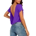 thumbnail image 2 of RYRJJ Womens Backless Short Sleeve T Shirts Summer Draped Open Back Cropped Tops Round Neck Casual Workout Tees Blouses(Purple,L), 2 of 8