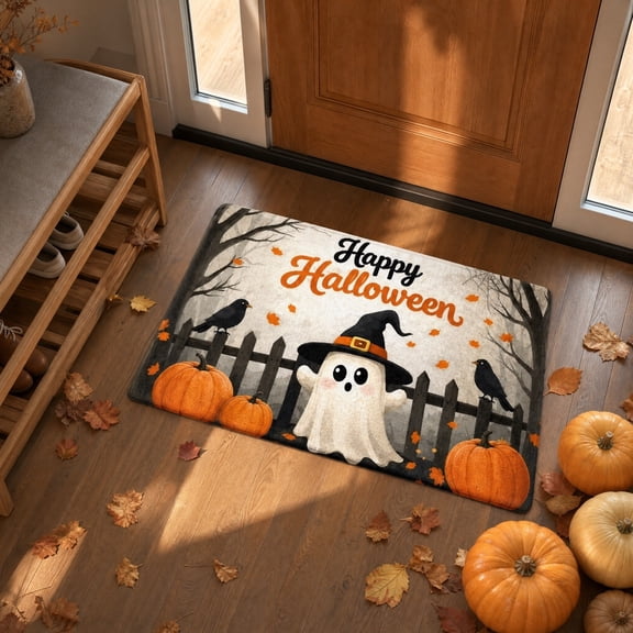 Halloween Ghost Pumpkin Doormat, Non-Slip Front Door Mat, Spooky Fall Welcome Rug for Porch Patio Entryway Indoor Outdoor