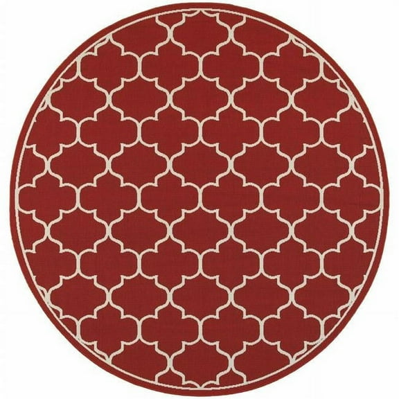 8 ft. Round Red & Ivory Trellis Indoor & Outdoor Area Rug