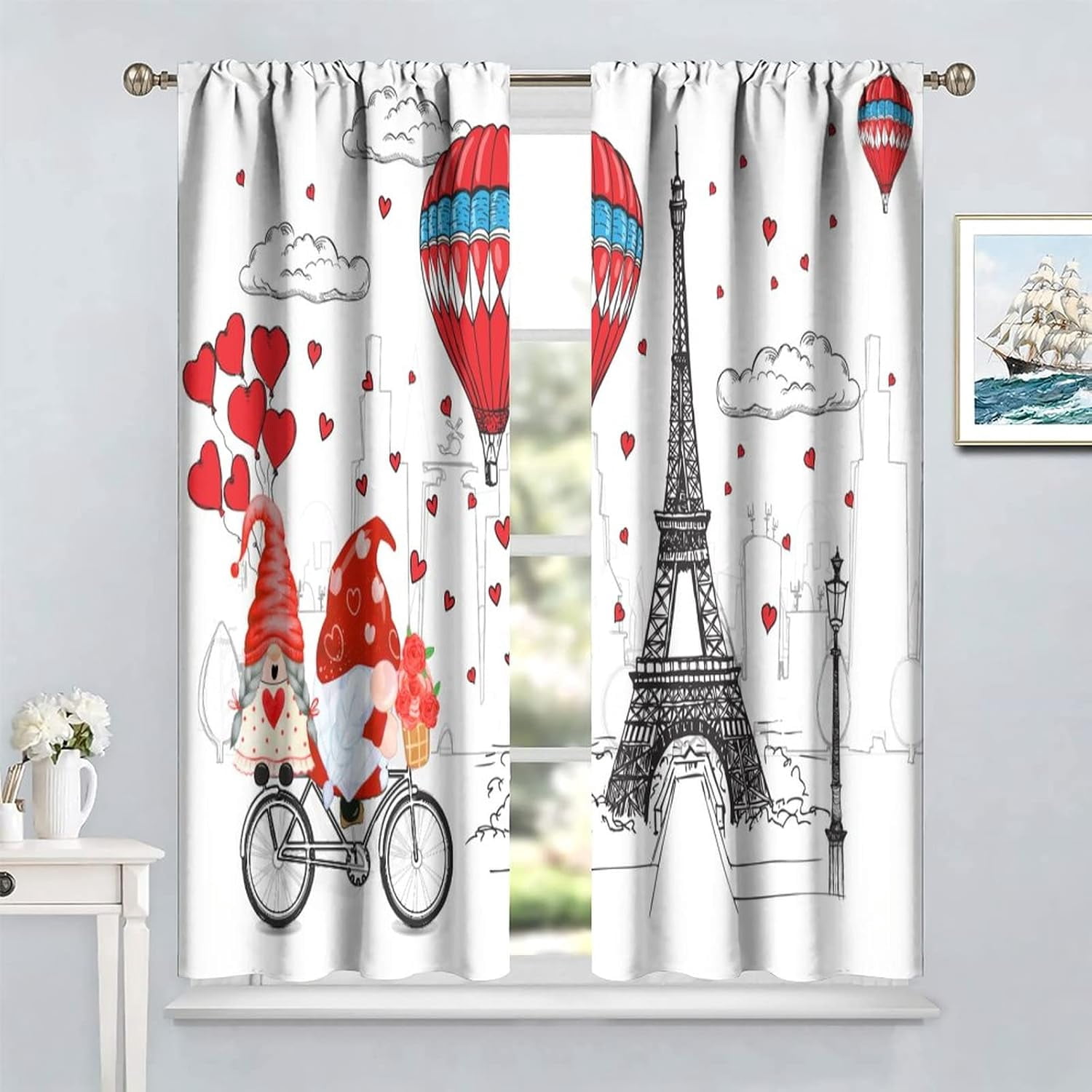 Valentines Days Blackout Window Curtains, Valentine Love Tree Eiffel Tower Hot Air Balloon Windows Door Curtain for Bedroom Living Room Home Decor 84x84in
