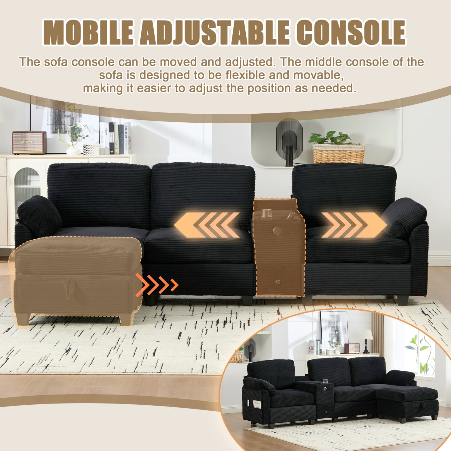 Leumius L-Shaped Sectional Sofa for Living Room,105" Modular 4-Seater Upholstered Sofa Couch with Cup Holder/USB Interface/Storage Box,Black