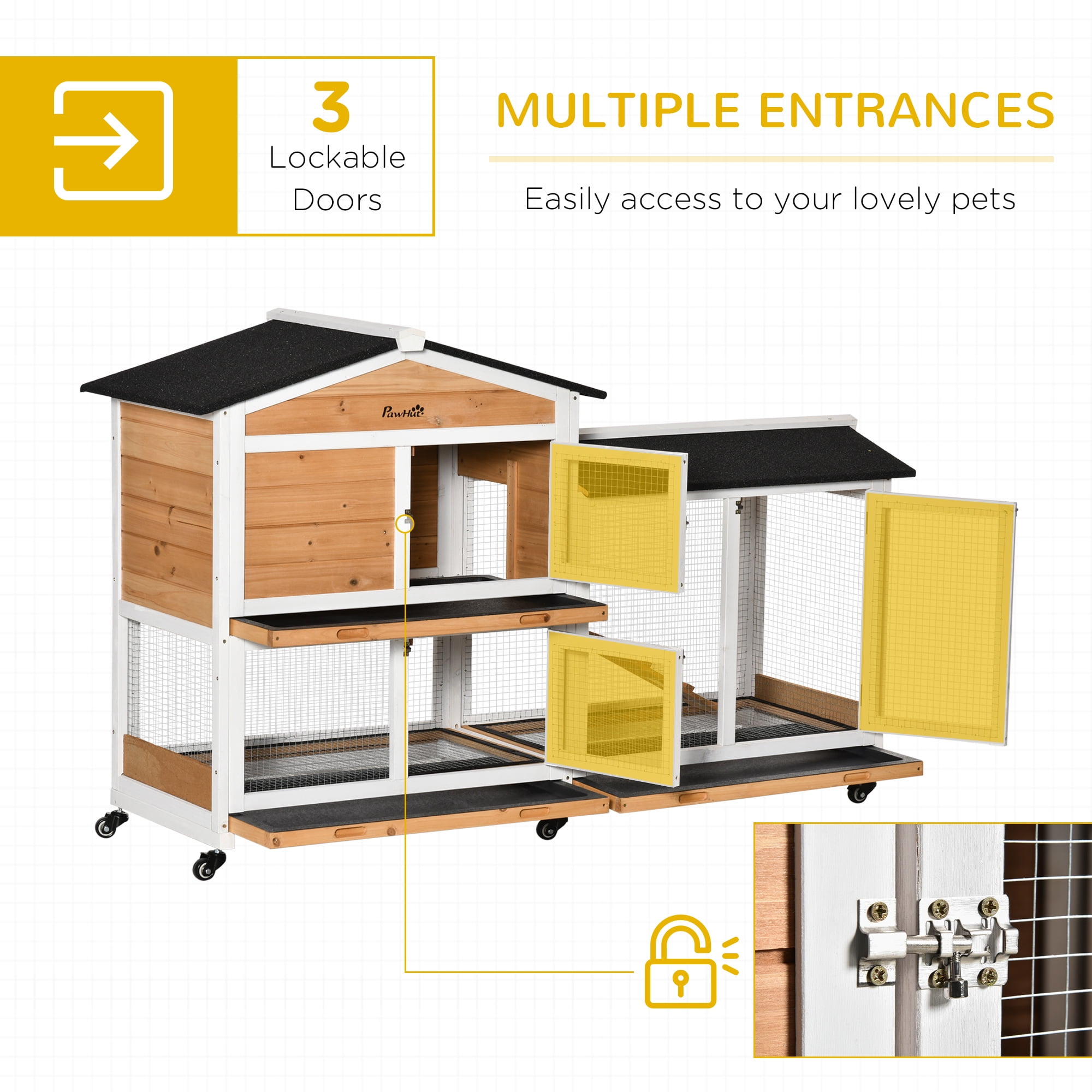 Noaman PawHut 62" Rabbit Hutch, Wooden Bunny Hutch with Wheels, Asphalt Roof, Removable Tray, Lockable Doors & Ramp, Guinea Pig Cage, Small Animal Enclosure for Outdoor/Indoor Use, Natural Wood
