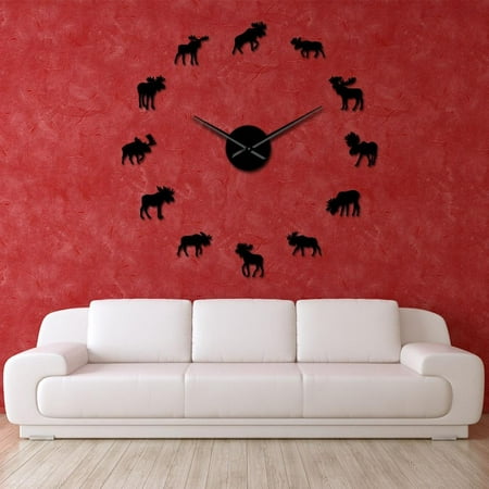 Wildlife Moose DIY Giant Wall Clocks Moose Silhouette Decorative Frameless Wall Watch Modern Nature Animal Wall Art Hunting Clock(Black,27inch)