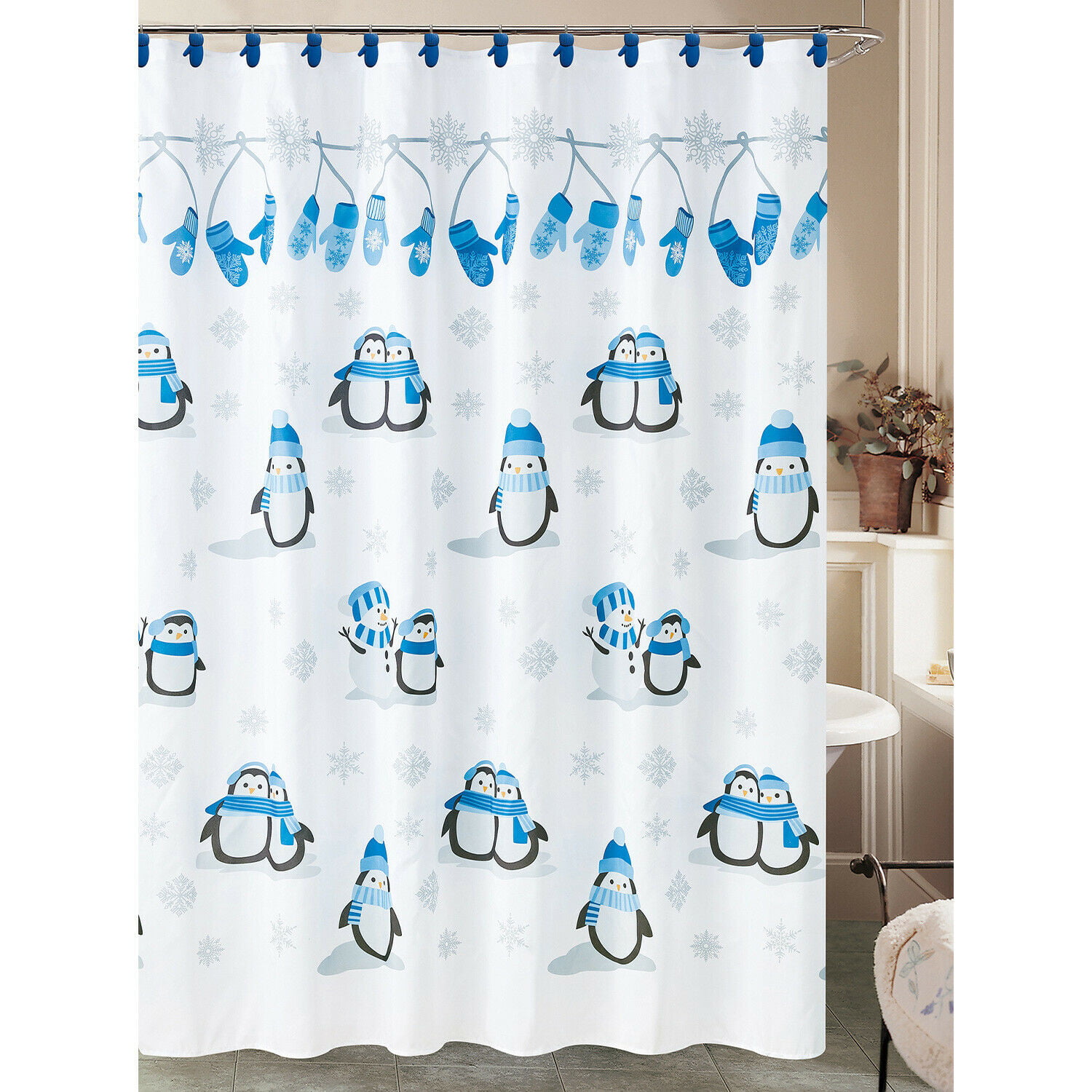 Winter Cute Little Snowman Shower Curtain Liner Waterproof Fabric 12 Hooks & Mat 