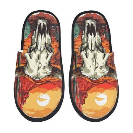 Balery Western Desert Cactus Ram Skull Slient Indoor Furry Fleece Comfort House Shoes Soft Non-Slip Home Shoes Cotton slippers House Slippers-- Large