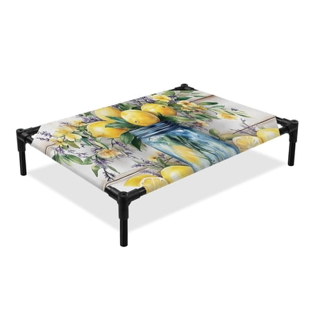 Summer Lemon Elevated Dog Bed Fruit Floral Vase Cooling Breathable Outdoor Raised Dog Cot Bed with Metal Frame Non-Slip Feet for Large Dog 28x22in
