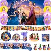 Rapunzel Birthday Decorations,112pcs Rapunzel Party Decorations & Rapunzel Tableware set- Rapunzel Birthday Plates Napkins & Rapunzel Balloons Banner Cake Topper etc Rapunzel Birthday Party Supplies