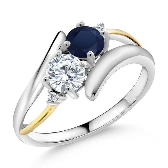 Gem Stone King 925 Silver and 10K Yellow Gold Round Blue Sapphire and Moissanite (1.12 Cttw, Gemstone Birthstone, Size 7)