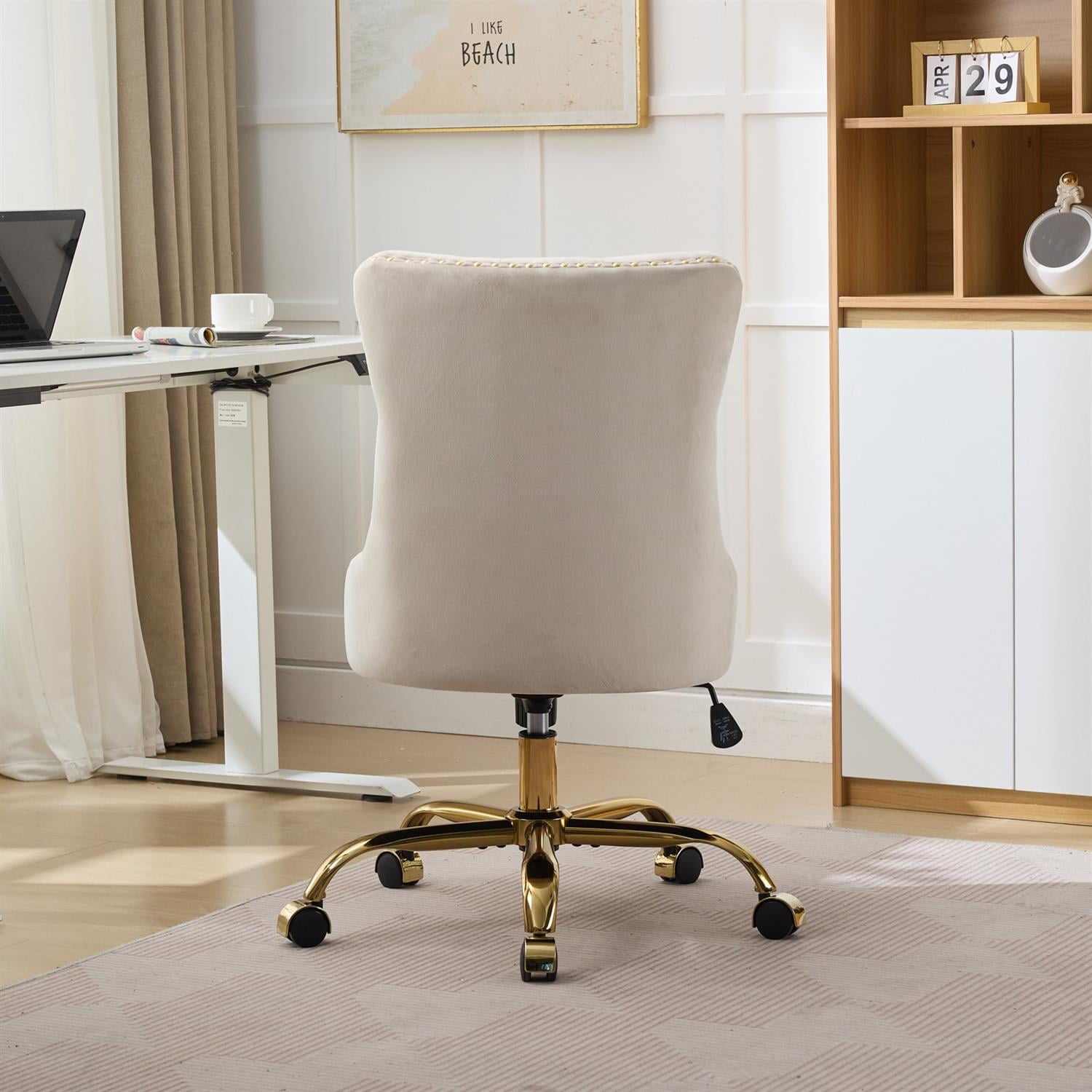 Demi Bonn 38" Tufted Button Velvet Upholstered Desk Chair with Adjustable Swivel, Metal Base for Home Office, Study, Beige