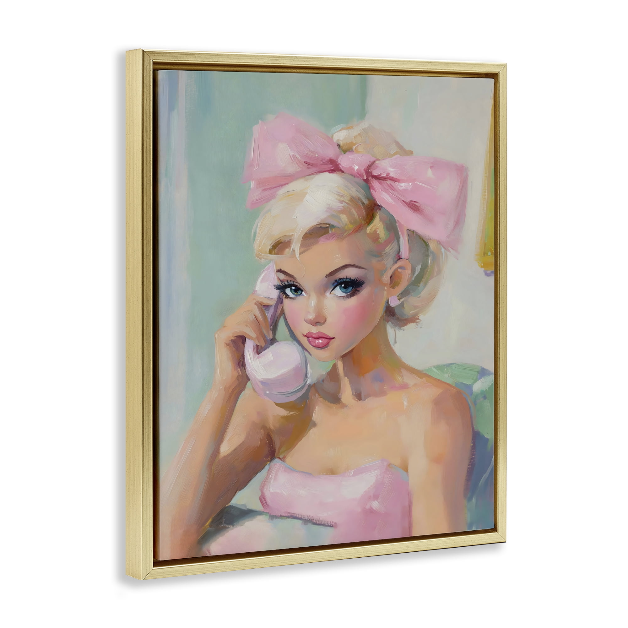 Stupell Industries Blonde Girl with Pink Bow Gold Framed Floater Canvas Wall Art, design by The Prints Vibe