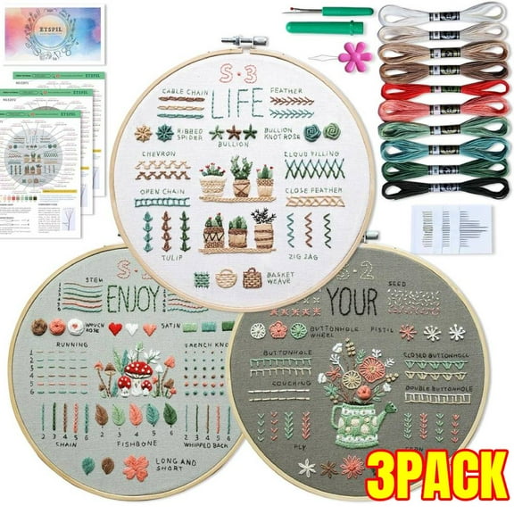 3-Pack Embroidery Kit for Adult Beginners, 33-Stitch Practice Samplers, Pre-Stamped Patterns, 7.8-Inch Hoop, Threads & Needles, Step-by-Step Guide DIY