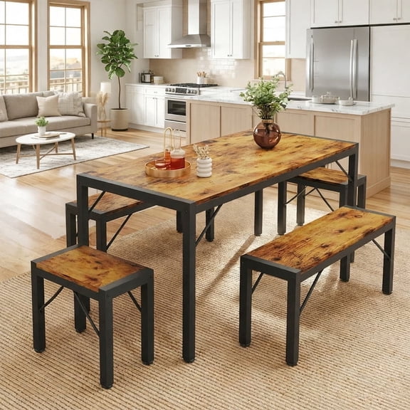Aiho 63" 6-Seater Dining Set with 2 Stools & 2 Benches, Wood & Metal, Compact for Small Spaces/Breakfast - Brown