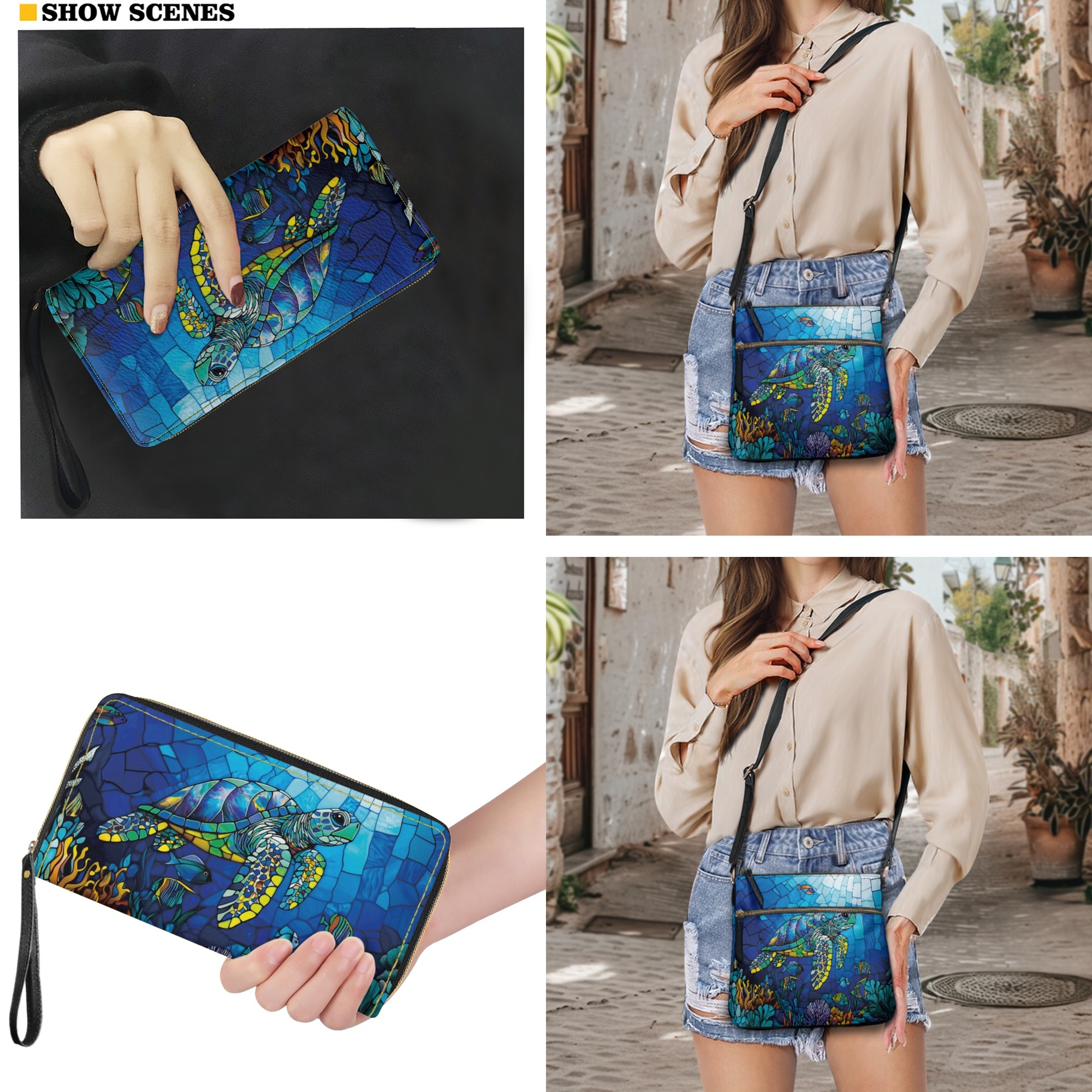 ZUXONGSY Stained Glass Turtle Coral Fish Print Women's PU Leather Crossbody Satchel & Wallet Set, Multi-Pocket Hobo Purse with Adjustable Shoulder Strap for Shopping Work Business