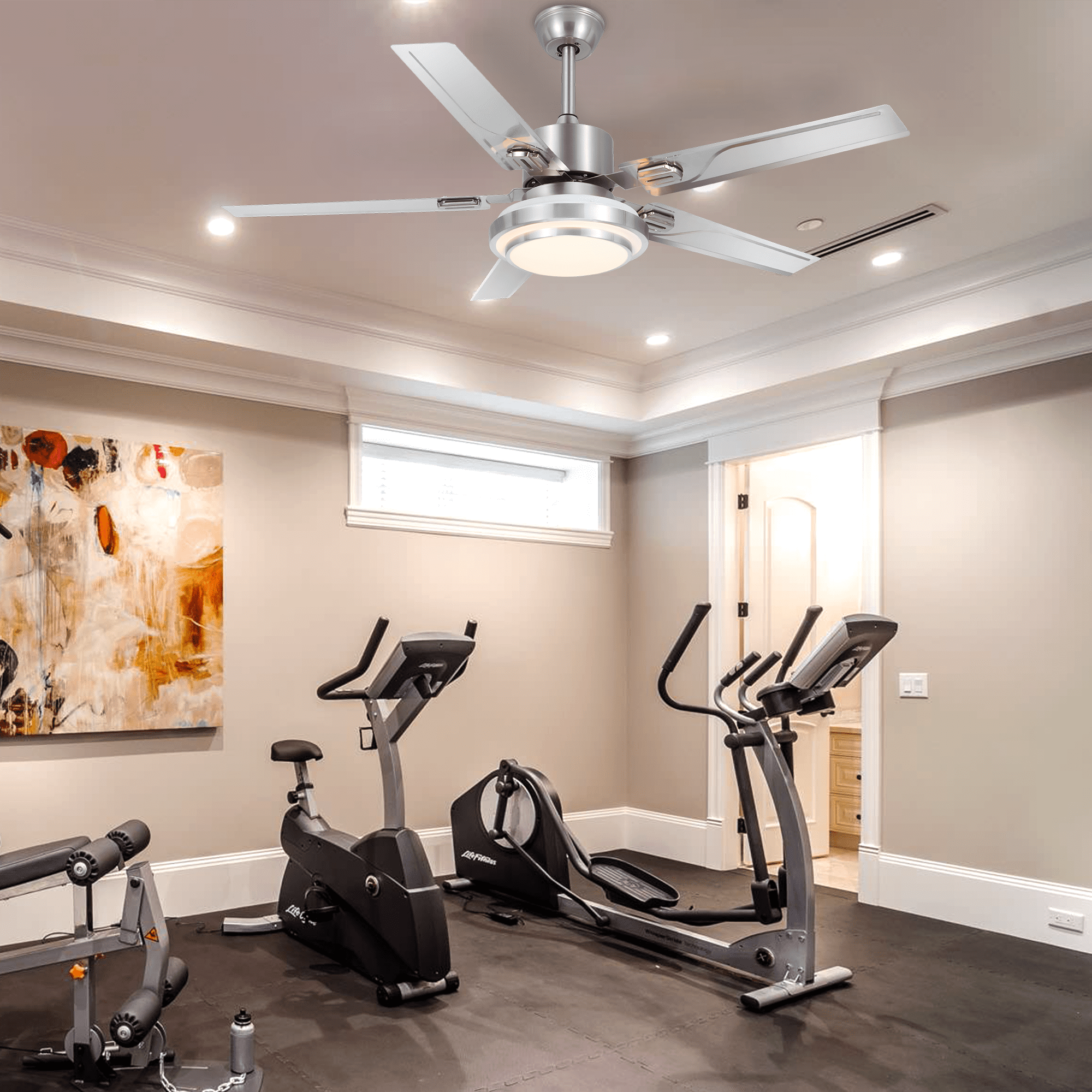 48" Stainless Steel Ceiling Fan with LED Light - 5 Blade Industrial Chandelier Fan, 5000 CFM Brushed Silver & Remote Control, Adjustable Downrod (10''/20'') for Restaurant/Loft, Anti-Rust Iron Frame