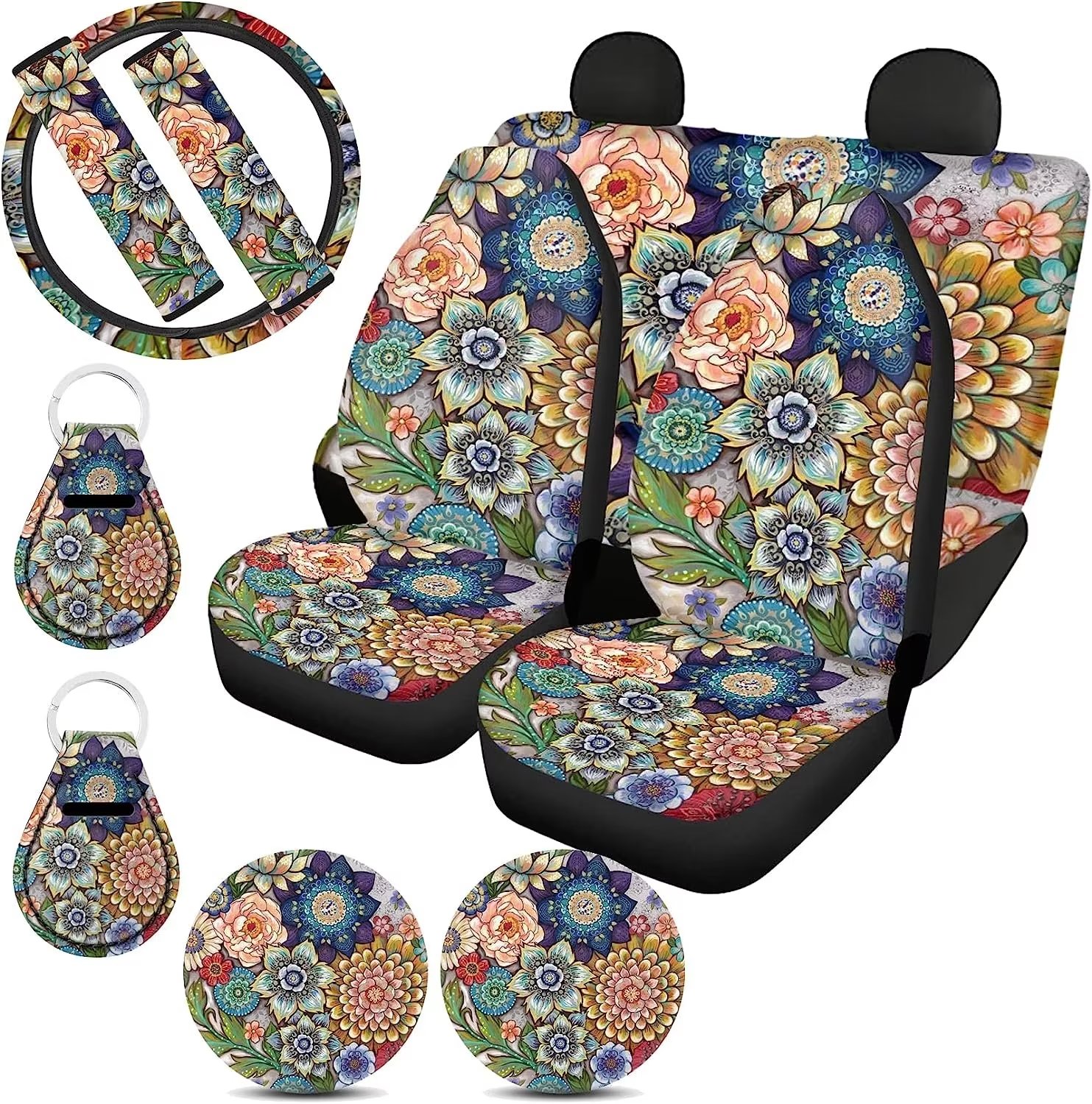 Pzuqiu Boho Floral Car Seat Covers Full Set for Women Steering Wheel