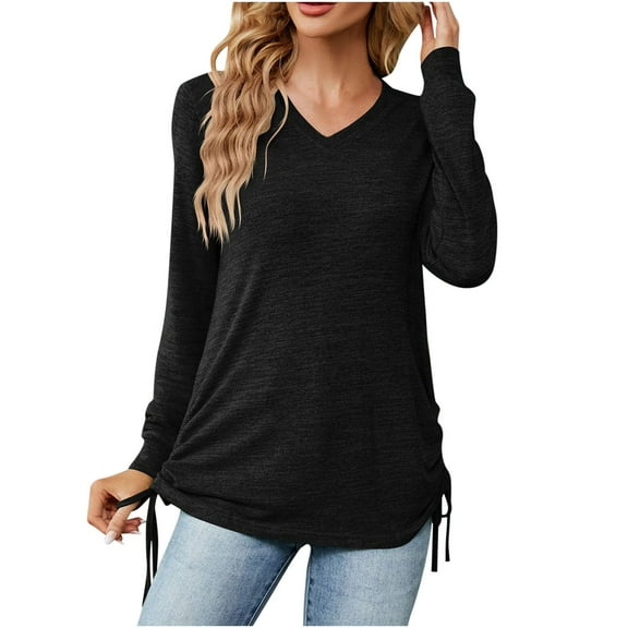 Scyoekwg Western Tops for Women V-Neck Side Tie Tunic Shirts Lightweight Loose Tshirt Tops for Women Trendy Long Sleeve Dressy Casual Blouse Solid Color Blouses (Black,XXL)