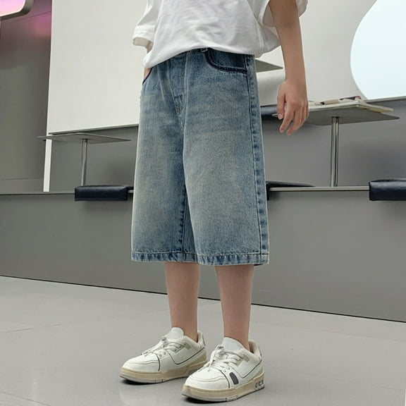 XXWXYD Boys Baggy Jorts Jean Shorts with Drawst𝗋ing, Youth Straight Leg Denim Shorts Pockets, Tween Prep𝗉y Thin Casual Bottoms, Elastic Waist Comfort Fit