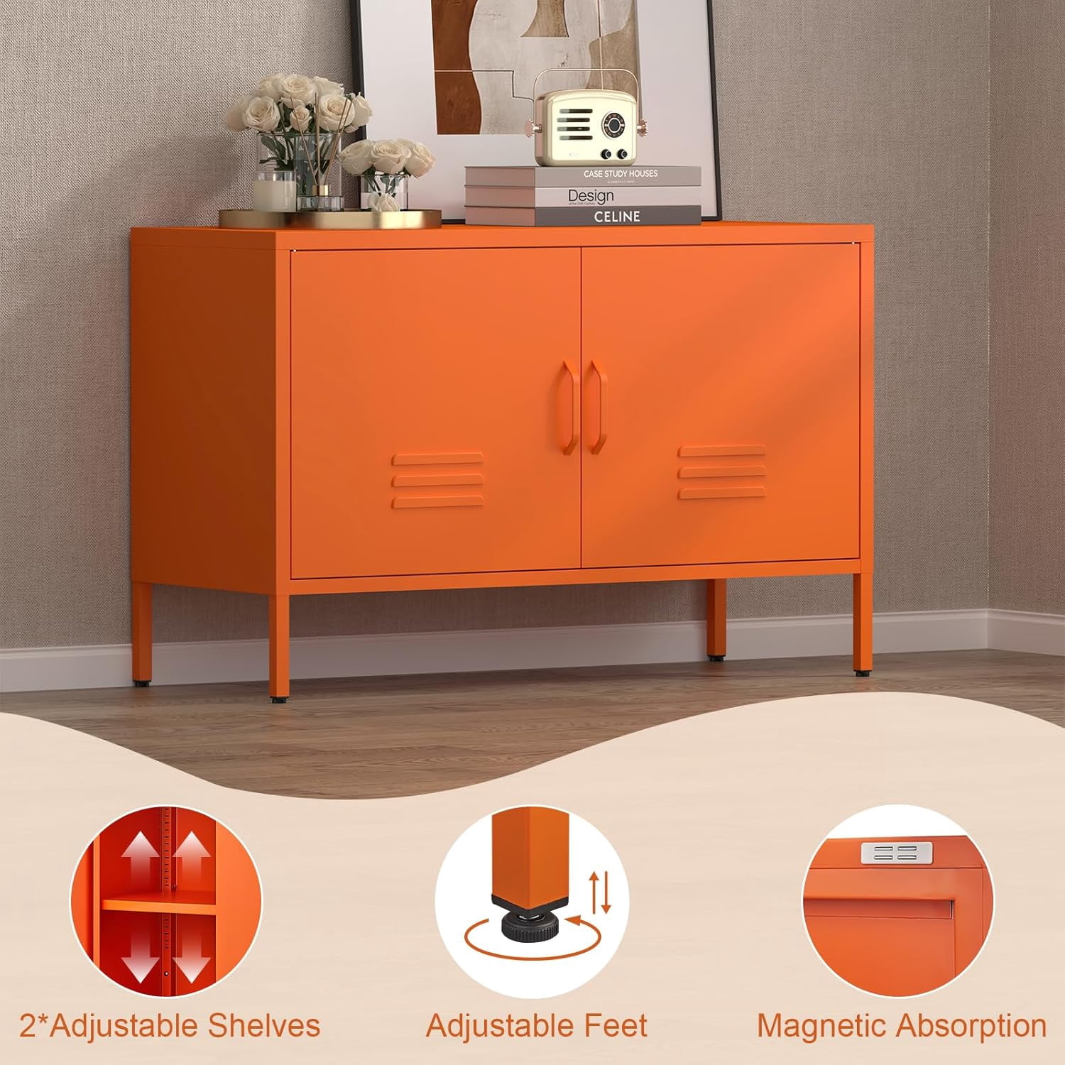 Marcree Metal Storage Cabinet,TV Stand Locker Cabinet, Wide Metal Accent Cabinet with 2 Door, 2-Tier Lockable Storage Cabinet, Orange