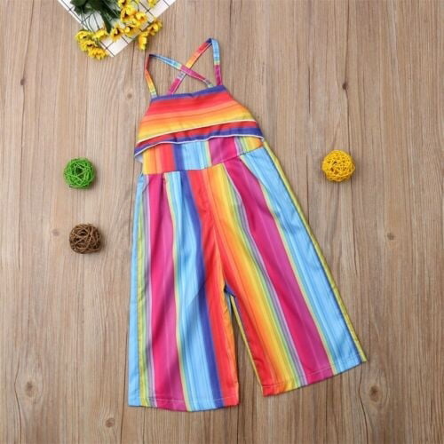 Kids Baby Girls Rainbow Striped Backless Halter Romper Overalls Outfits 