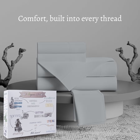 Purity Home 100% Organic Cotton Brushed Percale, Breathable, Super Soft, & Cozy 4-Piece Bedsheet Set, Queen, Light Gray