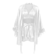 thumbnail image 4 of GZMOALH Women's Satin 3 Piece Pajama Set with Feather Trim Robe, Bralette Top and Matching Shorts, 4 of 9