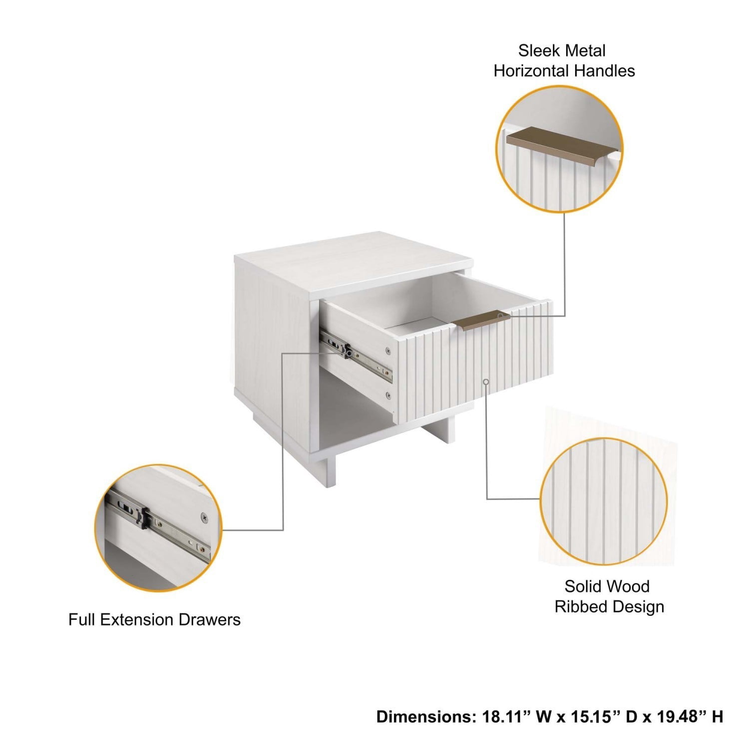 White Nightstand, Modern Contemporary Bedside Table with 1 Drawer, Solid Wood Ribbed Drawer Front and Gold Handle, Glam Storage End Table for Bedroom Living Room