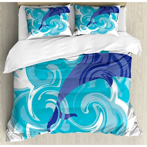 Dolphin Duvet Cover Set, Abstract Representation of Waves Aqua Life Soft Color Image Nature Scenes, Decorative 3 Piece Bedding Set with 2 Pillow Shams, Calking Size, Violet Blue Sky Blue, by Ambesonne