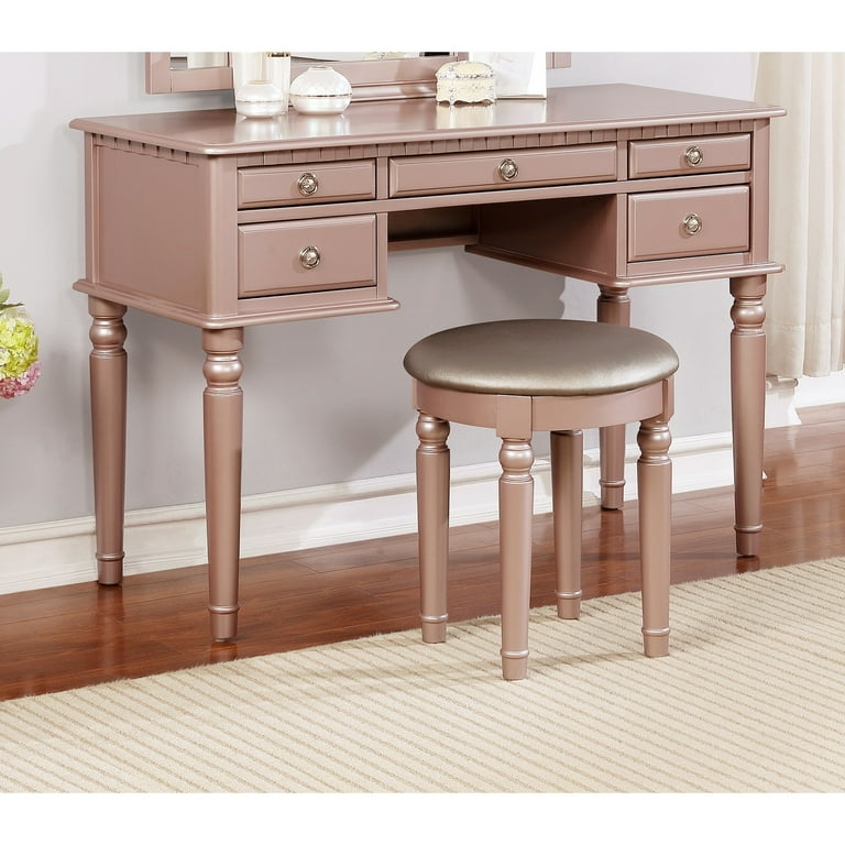 Bedroom Contemporary Vanity Set w Foldable Mirror Stool Drawers