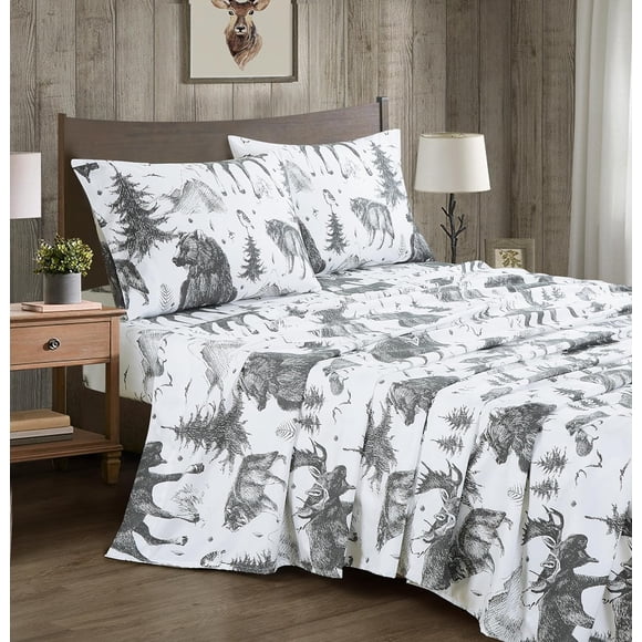 Chezmoi Collection 4-Piece Lodge Sheet Set Queen Size - White Gray Black Grizzly Bear Wolves Moose Pine Tree Mountain Printed Brushed Microfiber Lightweight Breathable Deep Pocket Bed Sheets