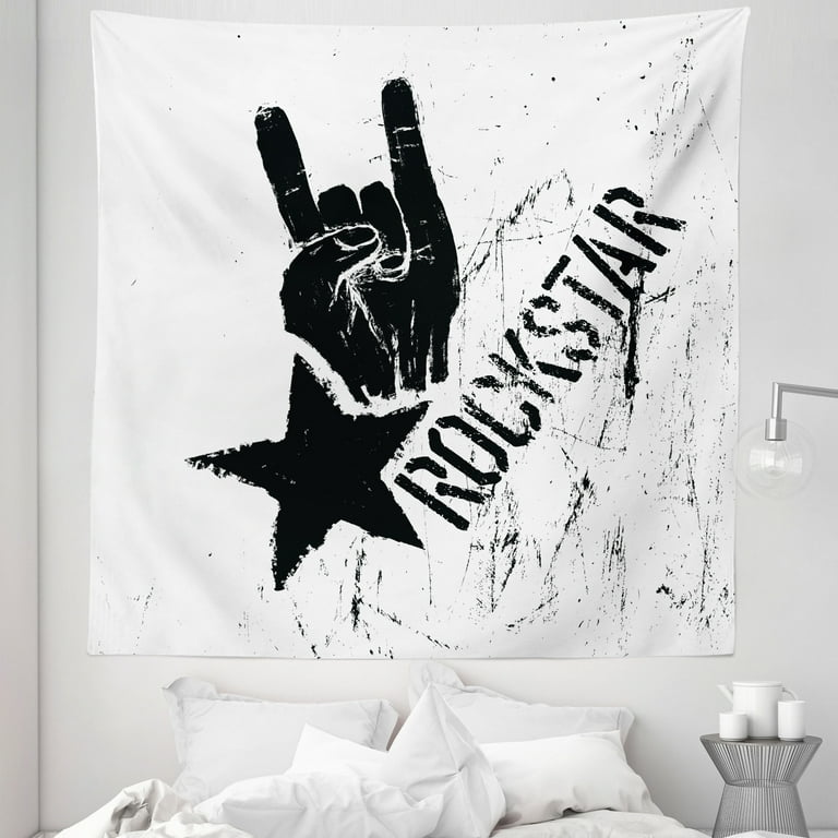 Rock Tapestry Grunge Effect Monochromatic Illustration of Rockstar Hand Sign and Star Fabric Wall Hanging Decor for Bedroom Living Room Dorm 5 Sizes Pale Grey and Black by Ambesonne Walmart