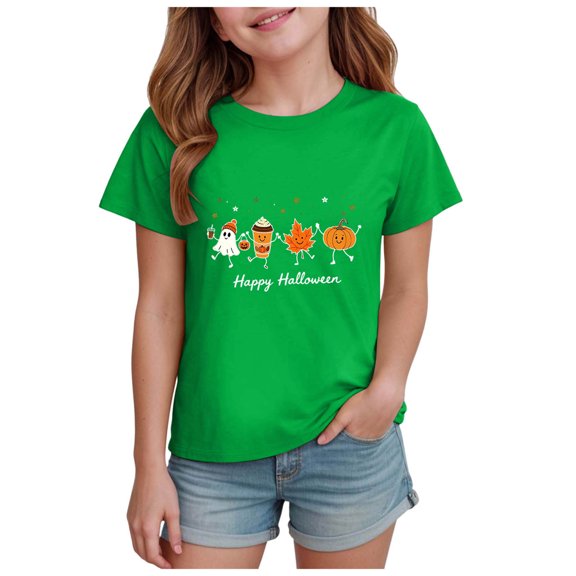 Staki Toddler Halloween Shirts Cute Tshirt for Girls Kids Funny Halloween Print Tee Tops(Green,5-6 Years)