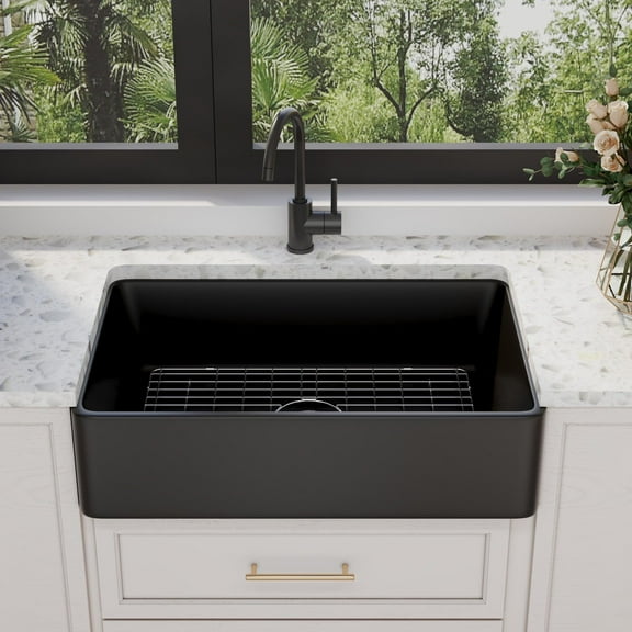 Black Ceramic 33 in. L Rectangular Single Bowl Farmhouse Apron Kitchen Sink Grid Strainer