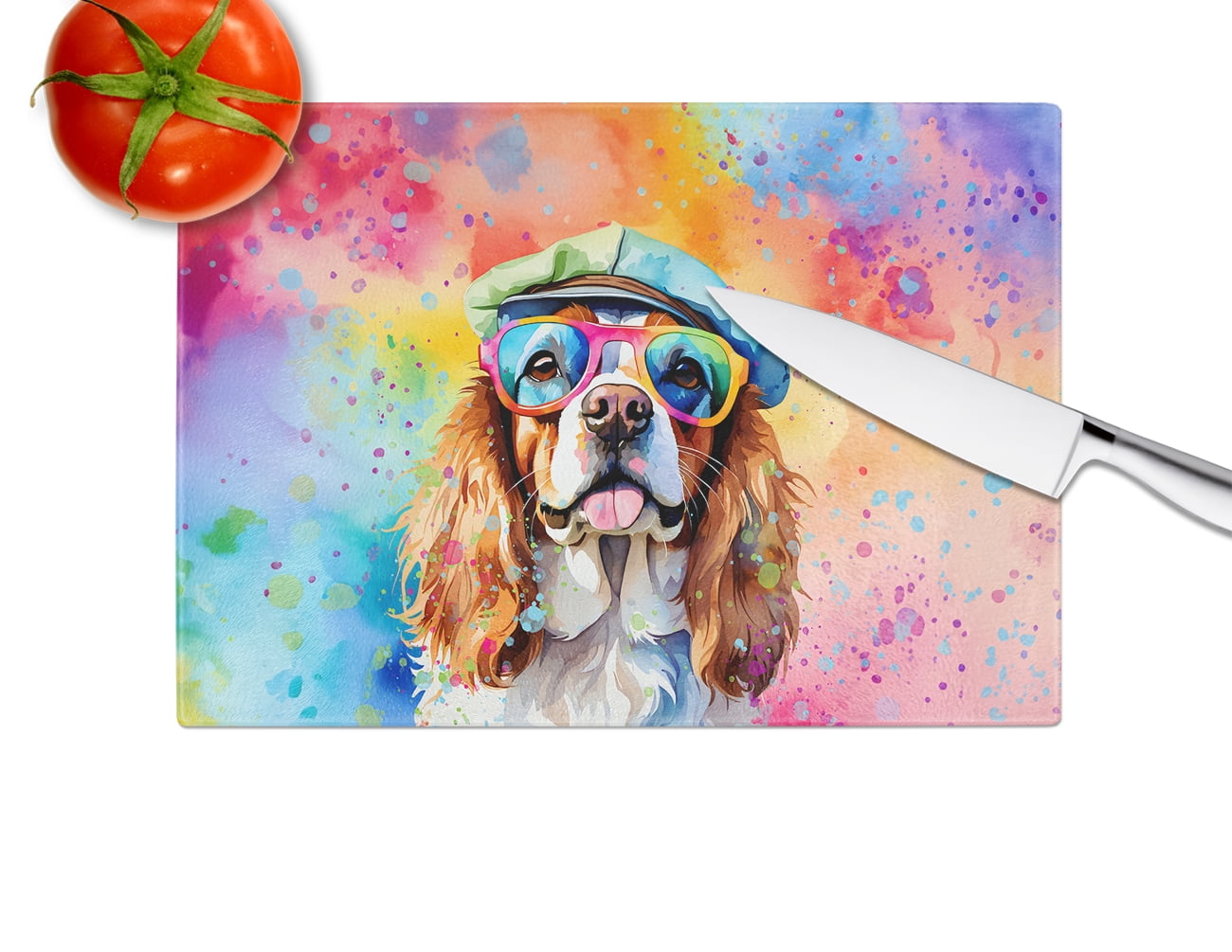 Cavalier Spaniel Hippie Dawg Glass Cutting Board Large 12 in x 15 in