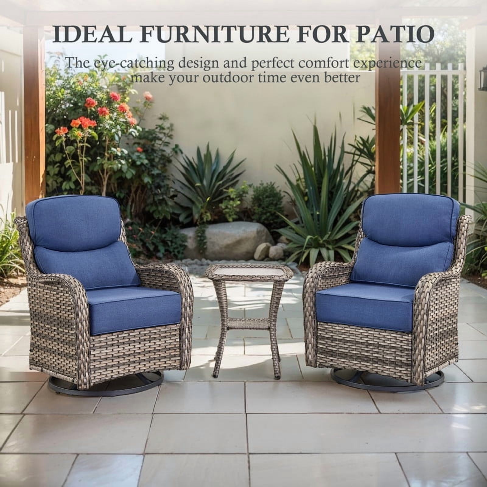 Outdoor Conversation Sets 5-Piece Patio Wicker Rattan Furniture Set with Swivel Rocking Chairs, Ottomans, Side Table and Upgrade 6" Cushions for Balcony Deck Backyard, Blue