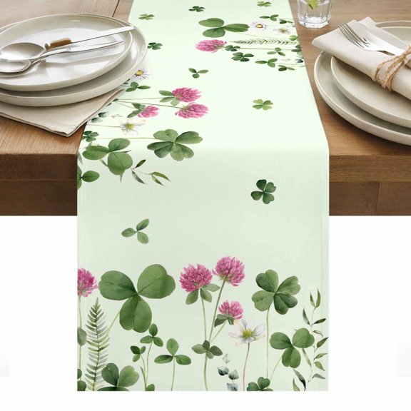 St. Patrick's Day Table Runner - 48 Inch Long, Kitchen Dining Table Runner Dresser Scarves, Green Shamrocks Floral Botanical Farmhouse Decor for Coffee Tables Wedding Party Banquet