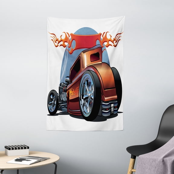 Cars Tapestry, Cartoon Hot Rod Antique Customized Classical American Engine Nostalgia Revival, Wall Hanging for Bedroom Living Room Dorm Decor, 40W X 60L Inches, Orange Blue Black, by Ambesonne