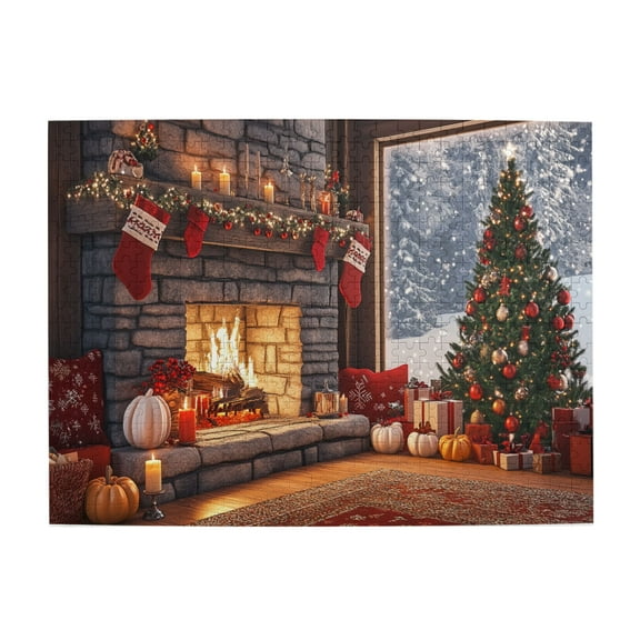500 PCS Fireplace Christmas Trees Scene Jigsaw Puzzles 500 Pieces,Brain Challenge,Create A Festive Atmosphere,That Come Together As One Holiday Image,Classic Christmas Scene Wooden Puzzle Game