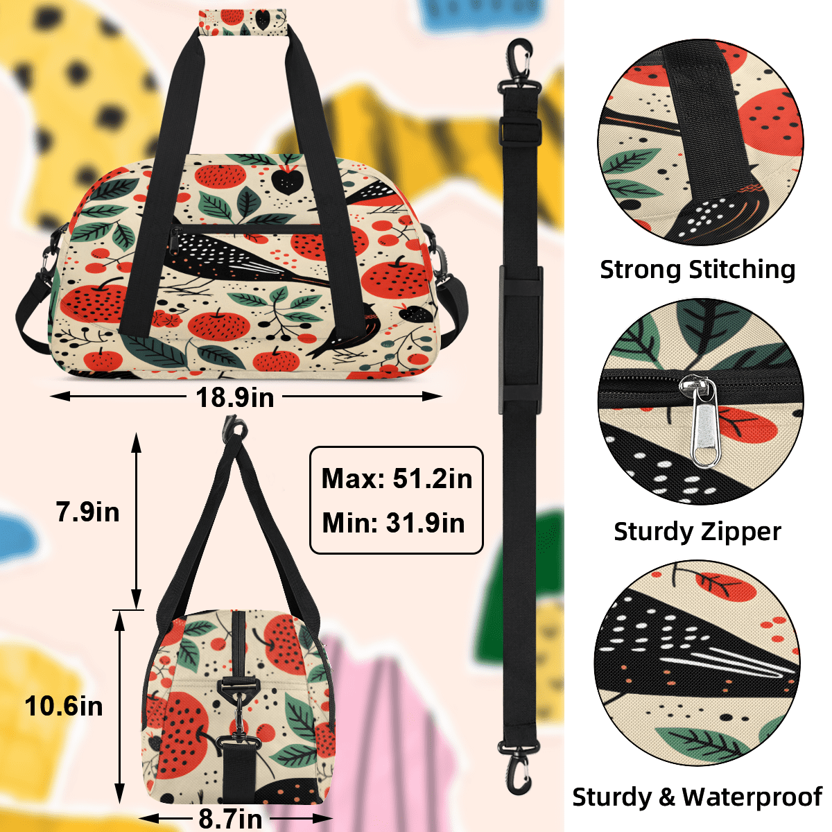 Herdesigns Apples and Birds Sports Duffle Bag for Women & Men, Farmhouse Gym Bag Dance Bag Overnight Bag Carry On Weekender Travel Bag