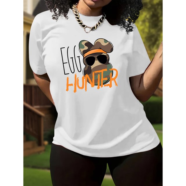 Easter Glasses Bunny Egg Print Casual Stylish Top for Black Women, Round Neck Short Sleeve T-Shirt