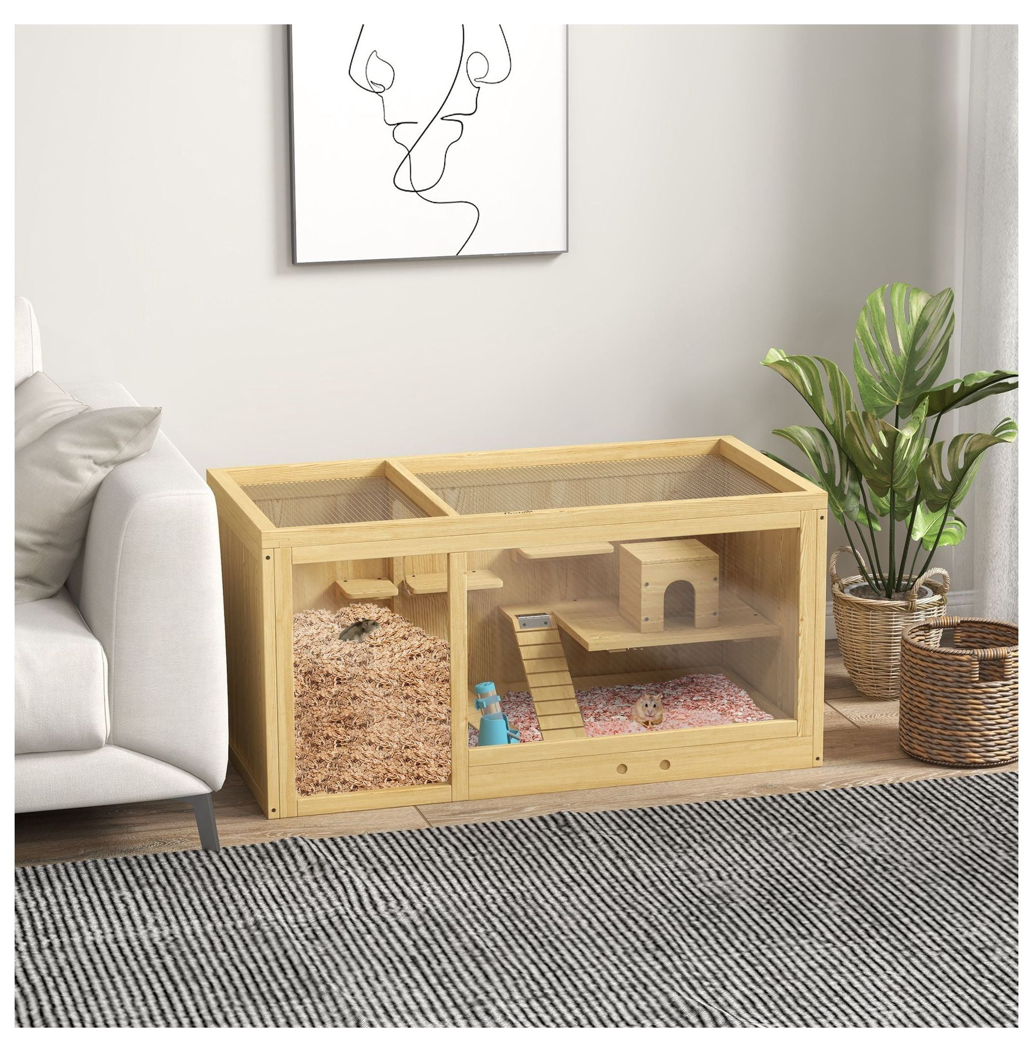 Large Wooden Hamster Cage with Water Dispenser Removable Tray for Gerbils Natural