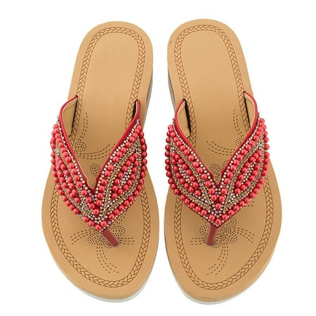 CHOII Clearance Women Ladies Crystal Comfortable Flip Flops Wedges Slipper Sandals Casual Shoes with Elastic Band Unique Wavy Line Sole Anti-slip Design Thong Sandals Black/5