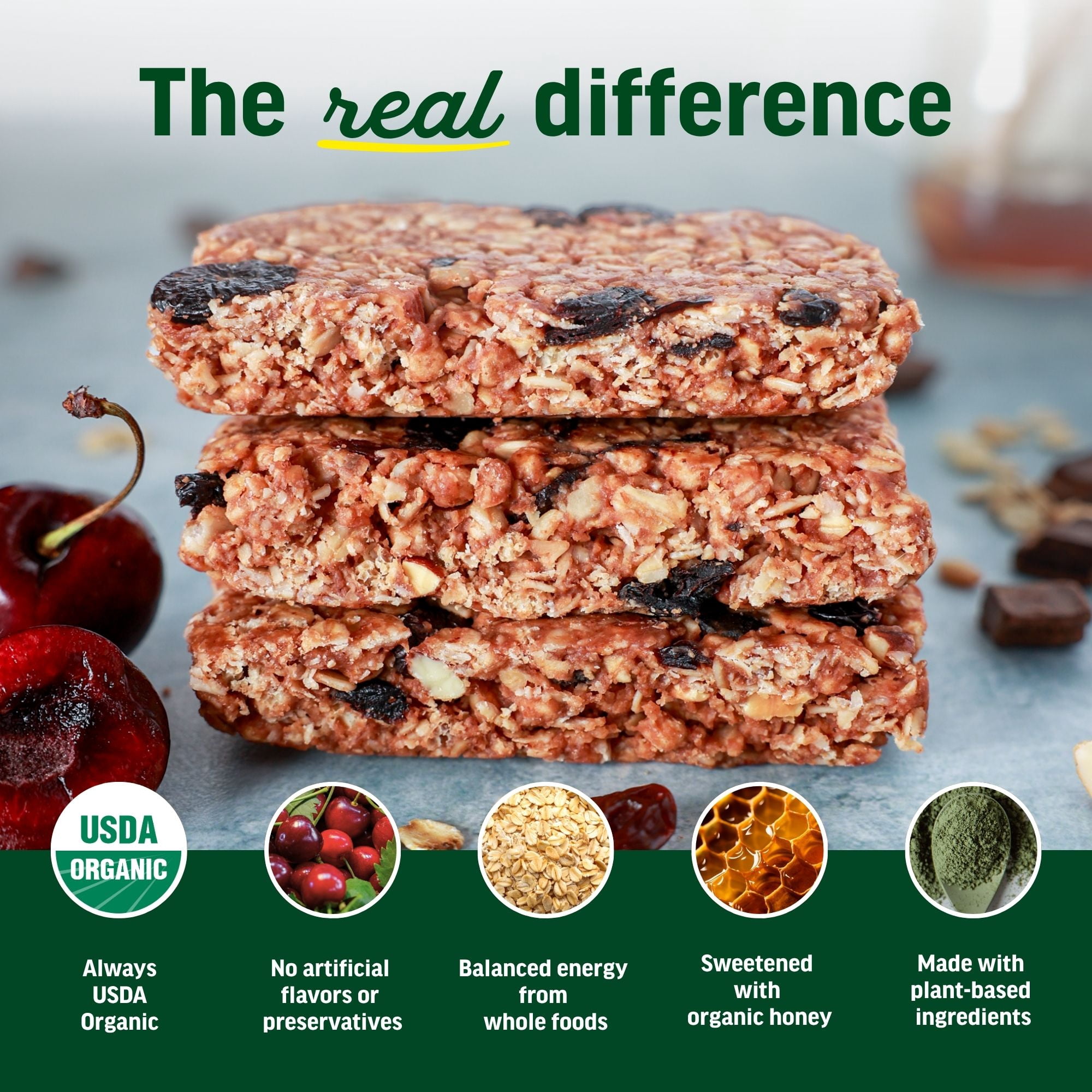 Kate’s Real Food Organic Granola Dark Chocolate Cherry & Almond All Natural Energy Bars - Non GMO, Soy Free, Whole Grain, and Made with Gluten Free Oats - 12 count