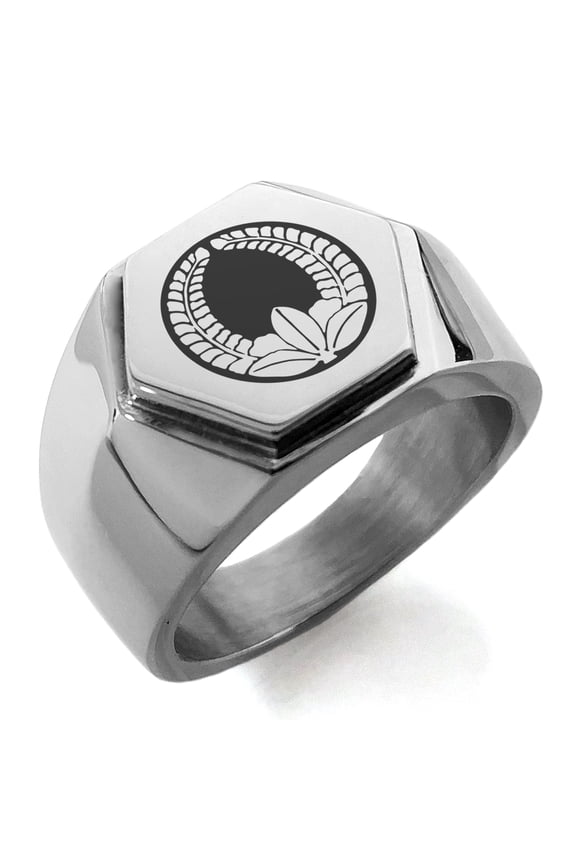 Stainless Steel Ando Samurai Crest Engraved Hexagon Crest Flat Top Biker Style Polished Ring