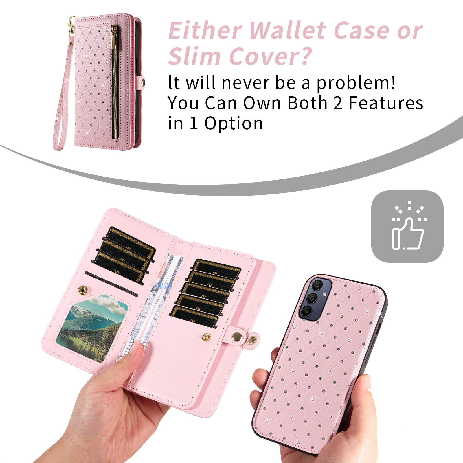 Asuwish Phone Case for Samsung Galaxy A15 5G/4G Zipper Wallet Detachable Cell Cover with Tempered Glass Screen Protector Crossbody Lanyard Strap Bling Glitter Flip Card Holder Slot A 15 G5 15A Pink