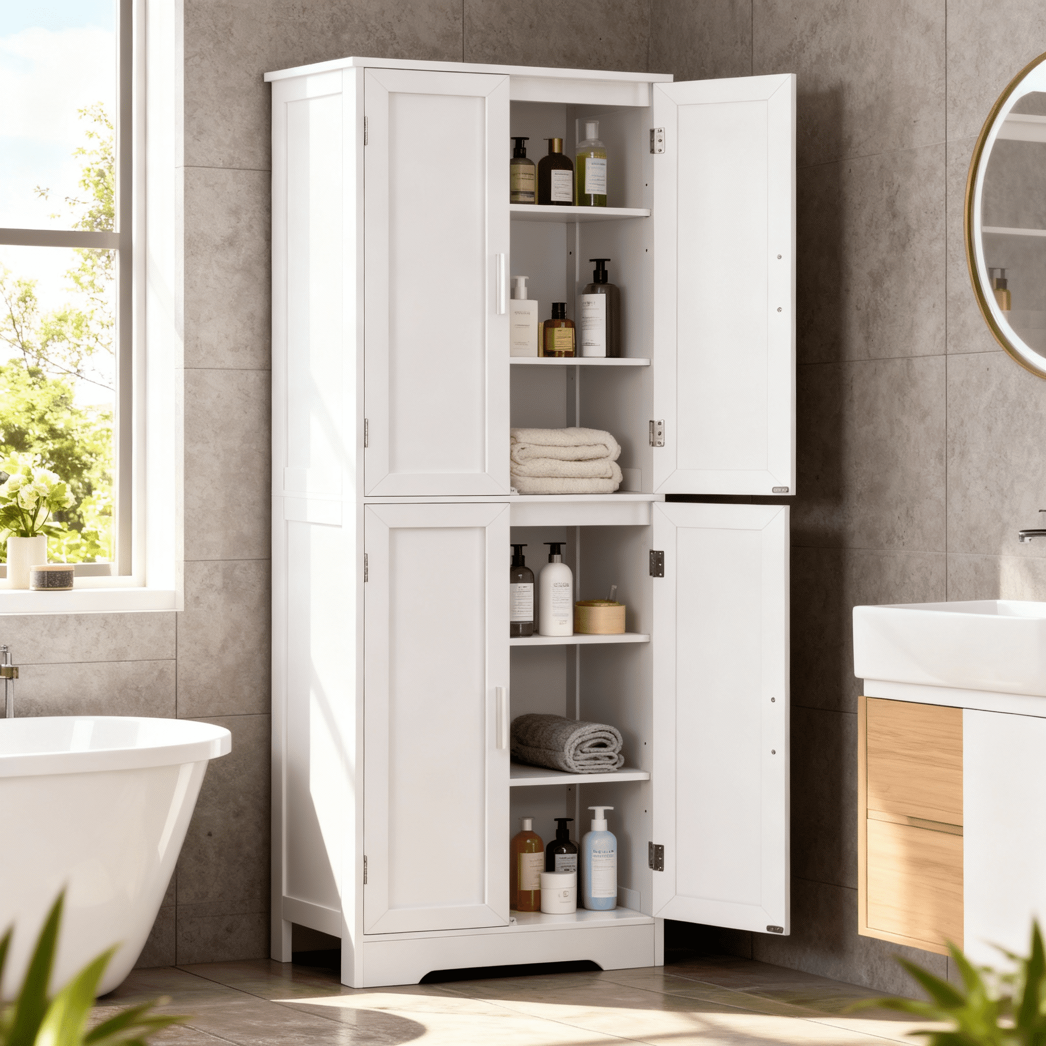 TEENFON 67” Storage Cabinet, Kitchen Pantry Cabinet with 4 Doors and Adjustable Shelves, Cupboard, Tall Bathroom Cabinets for Dinning Room, Living Room, White